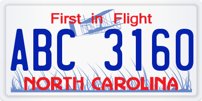 NC license plate ABC3160