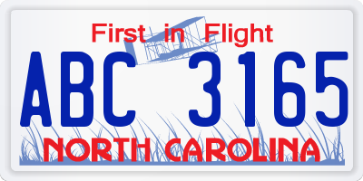 NC license plate ABC3165