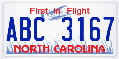 NC license plate ABC3167