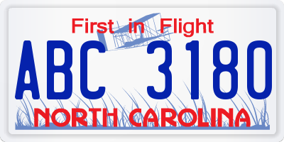 NC license plate ABC3180