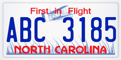 NC license plate ABC3185