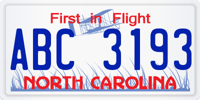 NC license plate ABC3193