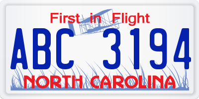 NC license plate ABC3194