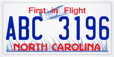 NC license plate ABC3196