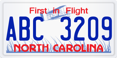 NC license plate ABC3209