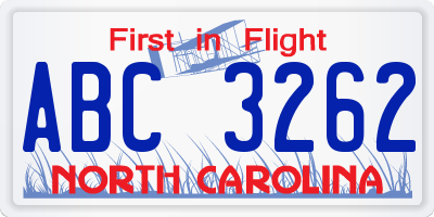 NC license plate ABC3262