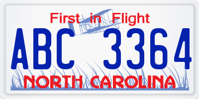 NC license plate ABC3364