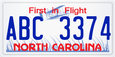 NC license plate ABC3374