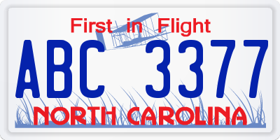 NC license plate ABC3377