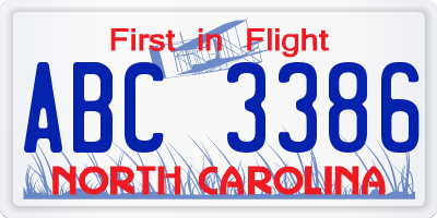 NC license plate ABC3386