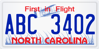 NC license plate ABC3402