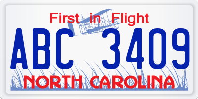 NC license plate ABC3409