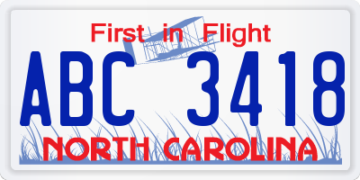 NC license plate ABC3418
