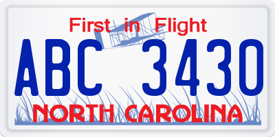 NC license plate ABC3430