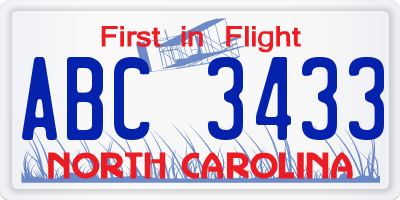 NC license plate ABC3433