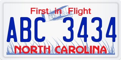 NC license plate ABC3434