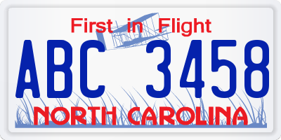 NC license plate ABC3458