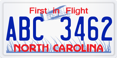 NC license plate ABC3462