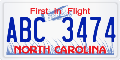 NC license plate ABC3474
