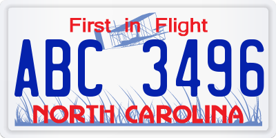 NC license plate ABC3496