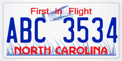 NC license plate ABC3534