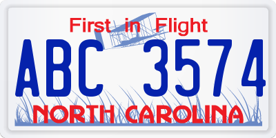 NC license plate ABC3574