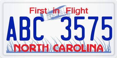 NC license plate ABC3575