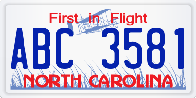 NC license plate ABC3581