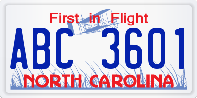 NC license plate ABC3601