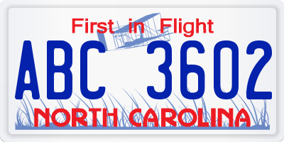 NC license plate ABC3602