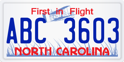 NC license plate ABC3603