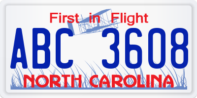 NC license plate ABC3608