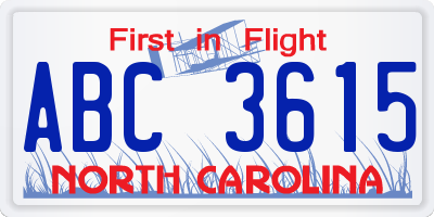 NC license plate ABC3615