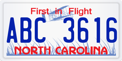 NC license plate ABC3616