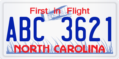 NC license plate ABC3621