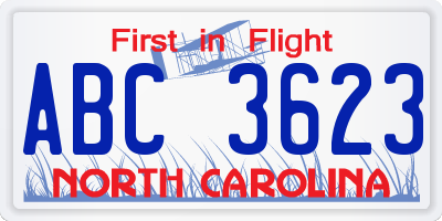 NC license plate ABC3623