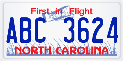 NC license plate ABC3624