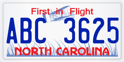 NC license plate ABC3625