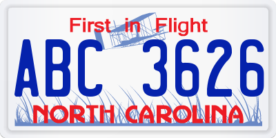 NC license plate ABC3626
