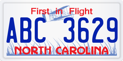 NC license plate ABC3629