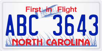 NC license plate ABC3643