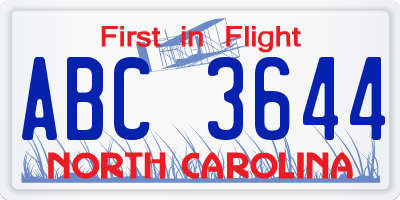 NC license plate ABC3644