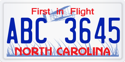 NC license plate ABC3645