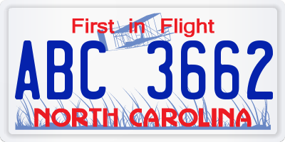 NC license plate ABC3662