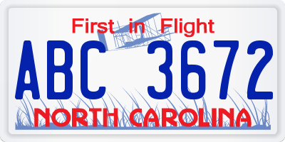 NC license plate ABC3672