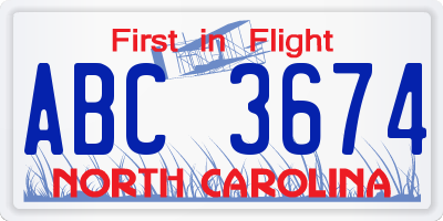 NC license plate ABC3674