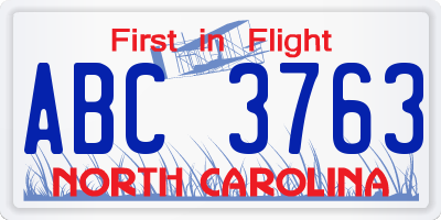 NC license plate ABC3763
