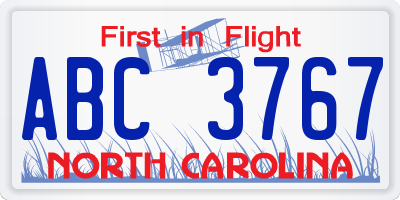 NC license plate ABC3767