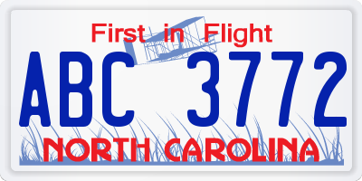 NC license plate ABC3772