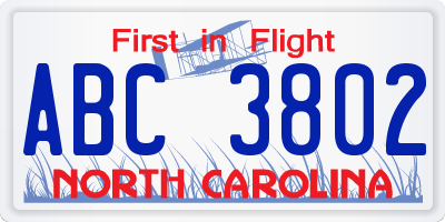 NC license plate ABC3802